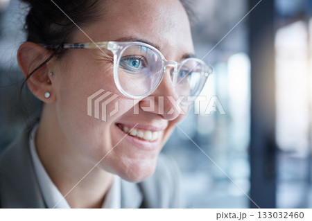 Face, happy and glasses with a business woman closeup working in the office on growth or development. Smile, vision and eyewear with a female employee at work in a corporate workplace for success Face, happy and glasses with a business woman closeup working in the office on growth or development. Smile, vision and eyewear with a female employee at work in a corporate workplace for success 133032460