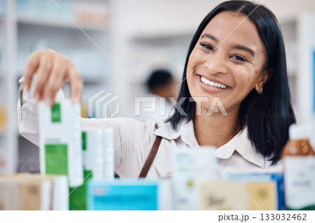 Pharmacy portrait, happy woman and customer shopping for medicine, supplements product or drugs store pharmaceutical. Retail hospital shop, clinic pills and client face for medical healthcare choice 133032462