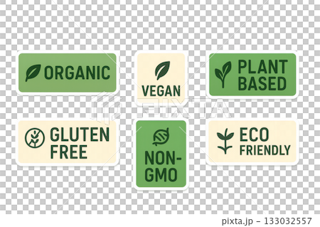 Organic vegan plant-based food label stickers on transparent background 133032557