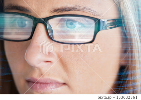 Face, vision and glasses with code, woman in business and programming, data analysis and information technology. Digital overlay, serious female and focus, coding and software development reflection 133032561