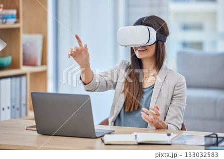 Vr, virtual reality and business woman in metaverse with digital technology in office. 3d, ai and happy female entrepreneur with futuristic headset for gaming, internet browsing or fantasy simulation 133032583