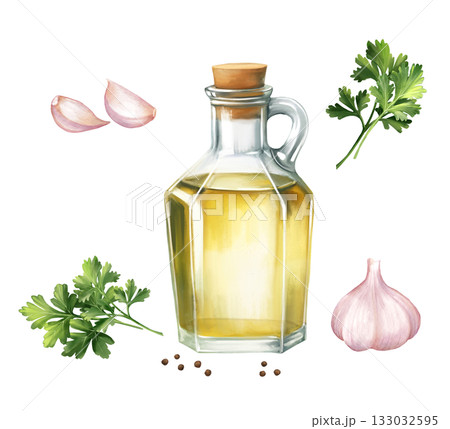 Hand-drawn Illustration of a glass bottle of olive oil and fresh garlic cloves, parsley, peppercorns. Design for restaurant menu decor, healthy food packaging, recipe card 133032595