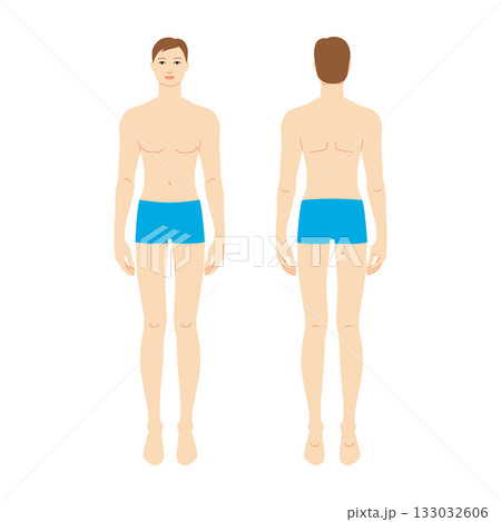 Standing male body in blue trunks displayed from front and back, vector template for sewing patterns, size guides 133032606