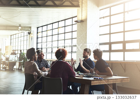 Meeting, strategy and planning with business people in digital agency for project management, idea and brainstorming. Discussion, commitment and partnership with employees for review and startup 133032637