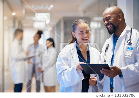 Doctors teamwork on tablet for hospital research management, employees workflow or software clinic solution. Healthcare people on digital tech for medical team analysis, results or problem solving 133032706