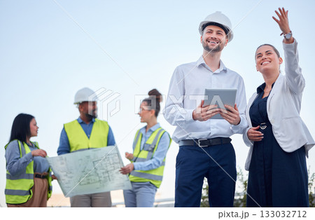Outdoor, blueprint and architecture people planning, teamwork and collaboration at construction site. Engineering project, floor plan and manager woman talking to contractor of building development Outdoor, blueprint and architecture people planning, teamwork and collaboration at construction site. Engineering project, floor plan and manager woman talking to contractor of building development 133032712