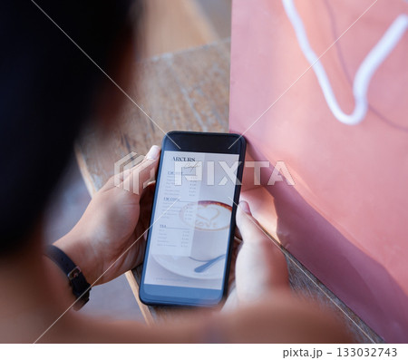 Website, reading and the phone screen of a woman with a menu, food decision or coffee choice. Online, lunch and a girl with a mobile app of a restaurant for hunger, snack or a meal at a cafe Website, reading and the phone screen of a woman with a menu, food decision or coffee choice. Online, lunch and a girl with a mobile app of a restaurant for hunger, snack or a meal at a cafe 133032743