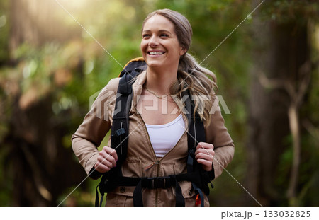 Hiking, happy and forest with a woman outdoor, walking in nature or the wilderness for adventure. Freedom, location and woods with an attractive young female hiker taking a walk in a natural park Hiking, happy and forest with a woman outdoor, walking in nature or the wilderness for adventure. Freedom, location and woods with an attractive young female hiker taking a walk in a natural park 133032825