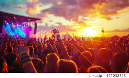 Vibrant music festival crowd at sunset, dancing with hands up, colorful stage lights, and a beautiful sunset in the background. 133032828