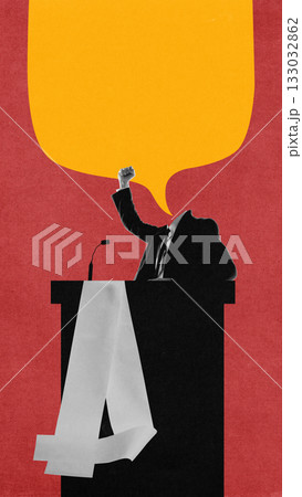 Conceptual collage of politician behind podium with raised fist and large empty speech bubble. 133032862