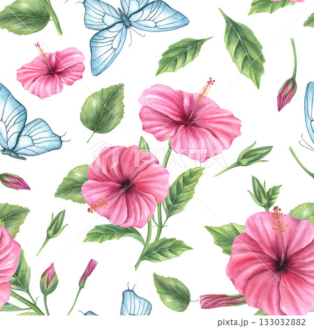 Watercolor tropical summer seamless pattern on isolated background. Pink mallow, green leaves and flying blue butterflies. Hand painted hibiscus flowers with moth ornate for textiles, package design Watercolor tropical summer seamless pattern on isolated background. Pink mallow, green leaves and flying blue butterflies. Hand painted hibiscus flowers with moth ornate for textiles, package design 133032882