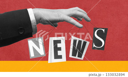 Hand controlling word NEWS like puppet in media manipulation collage 133032894