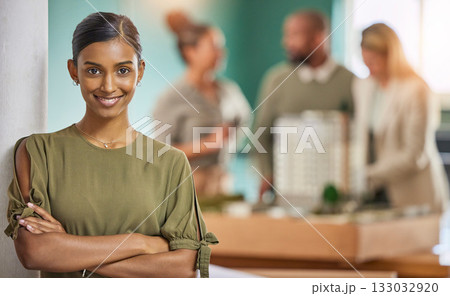 Woman, portrait smile and leadership with arms crossed for meeting, teamwork or collaboration at office. Happy businesswoman, leader or coach smiling in management for team planning at workplace Woman, portrait smile and leadership with arms crossed for meeting, teamwork or collaboration at office. Happy businesswoman, leader or coach smiling in management for team planning at workplace 133032920