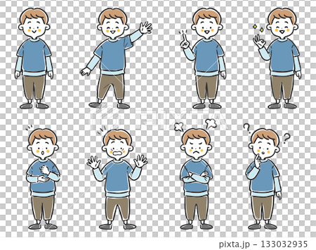 男孩插畫集，包含各種臉部表情、全身像、向量圖 133032935
