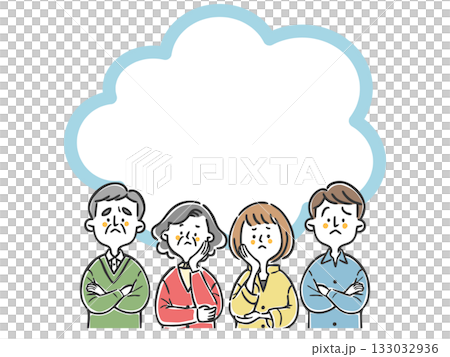 一幅描繪兩代同堂家庭疑慮的插圖，留有空白區域，向量圖。 133032936