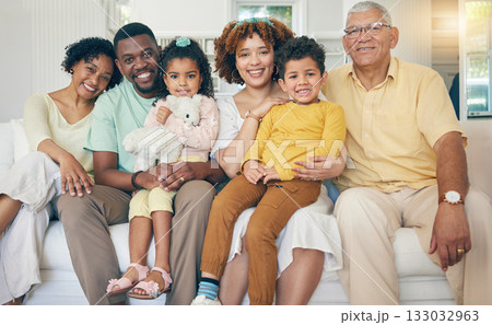 Portrait, happy and family on couch, quality time and bonding with rest, relax and loving together. Face, grandparents and father with mother, siblings and children on sofa, relationship or happiness 133032963