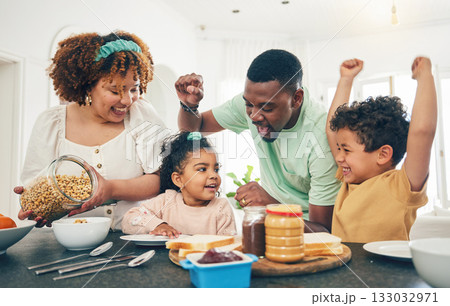 Love, breakfast food and happy black family children, mother and father eating meal, bonding and prepare ingredients. Morning, kitchen counter or hungry mom, dad and young youth kids excited at home Love, breakfast food and happy black family children, mother and father eating meal, bonding and prepare ingredients. Morning, kitchen counter or hungry mom, dad and young youth kids excited at home 133032971