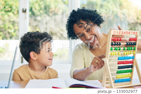 Education, grandmother or child learning math for kindergarten school homework or abacus at home. Smile, counting or happy senior woman working or helping a smart young boy student with development 133032977
