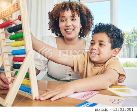 Learning, abacus and education with mother with son study for home schooling, kindergarten and tutor. Teaching, child development and lesson with black woman and child for colorful, math or creative Learning, abacus and education with mother with son study for home schooling, kindergarten and tutor. Teaching, child development and lesson with black woman and child for colorful, math or creative 133033001