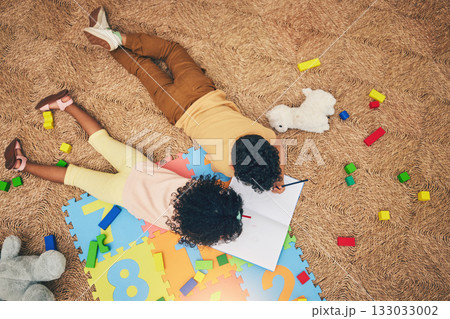 Drawing, book and top view of children on floor with toys, number puzzle and playing together at home. Family, educational games and happy boy and girl do fun activity, creative learning and relax Drawing, book and top view of children on floor with toys, number puzzle and playing together at home. Family, educational games and happy boy and girl do fun activity, creative learning and relax 133033002