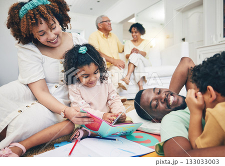 Education, parents or children reading books to relax on weekend together at home as a happy family. Smile, storytelling mother or dad relaxing or talking to creative kids siblings for development Education, parents or children reading books to relax on weekend together at home as a happy family. Smile, storytelling mother or dad relaxing or talking to creative kids siblings for development 133033003