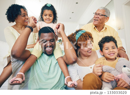 Black family, house and living room sofa of a mother, father and children with happiness. Happy, smile and bonding of a mom, dad and young kids together having fun with grandparents love and support 133033020