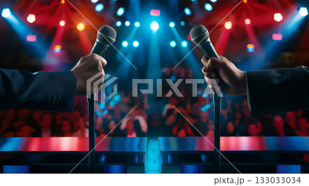マイクを持つ二人の手とステージの光 133033034
