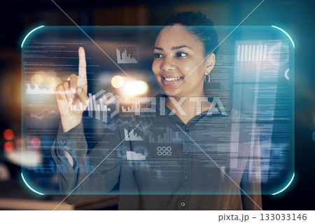 Hologram dashboard, data or woman touch fintech insight hud, business administration statistics or virtual accounting ui. African financial analyst, future night panel or accountant review bank chart Hologram dashboard, data or woman touch fintech insight hud, business administration statistics or virtual accounting ui. African financial analyst, future night panel or accountant review bank chart 133033146