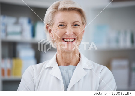 Pharmacy, pharmacist portrait and smile of woman in drugstore or medicine shop. Healthcare, doctor face and happy, proud and confident senior medical professional from Canada laughing for career. 133033197