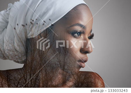 Beauty, double exposure and profile of black woman in studio for culture, mockup and cosmetics. Abstract, art and creative with face of female model isolated on gray background for nature and trees Beauty, double exposure and profile of black woman in studio for culture, mockup and cosmetics. Abstract, art and creative with face of female model isolated on gray background for nature and trees 133033243