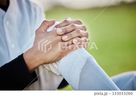 Baseball, pain and hands with knee injury on field after accident, fall or workout in match. Sports, training and player man with fibromyalgia, inflammation or broken leg, arthritis or tendinitis. 133033260