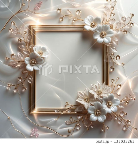 シャンパンベールの花と金のフレーム背景素材｜ウェディング・上品・招待状デザイン向け 133033263