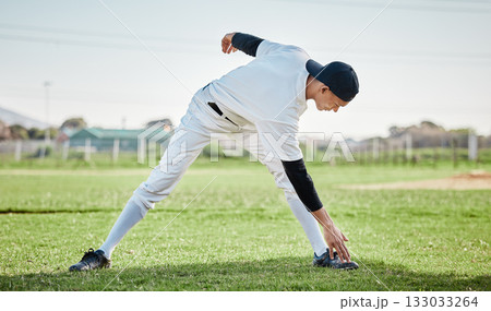 Baseball stadium, stretching legs or man on field ready for training match on grass in summer. Healthy athlete, fitness workout or young sports player warm up to start softball exercise outdoors 133033264