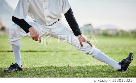 Baseball stadium, stretching legs or athlete on field ready for training match on grass in summer. Body of man, fitness workout or zoom of sports player warm up to start softball exercise outdoors Baseball stadium, stretching legs or athlete on field ready for training match on grass in summer. Body of man, fitness workout or zoom of sports player warm up to start softball exercise outdoors 133033323