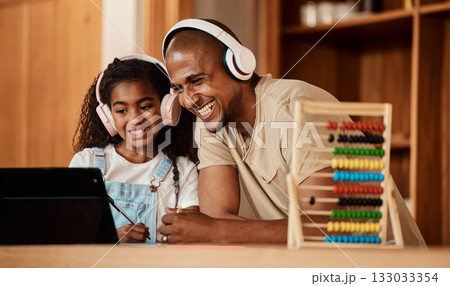Headphones, home education and father with kid for video call, math learning and e teaching support in online class. Family or dad with girl child on computer excited for teaching sound development 133033354