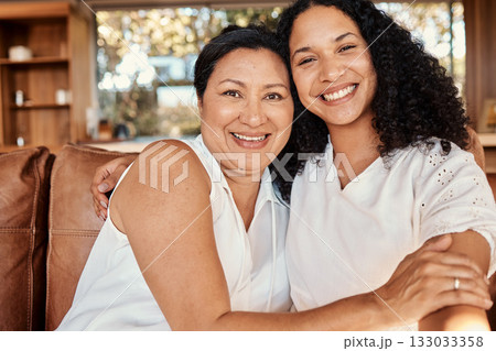 Woman portrait, senior mom selfie and smile of family on a living room sofa with happiness and bonding. Mama love, support and happy elderly care with women on lounge couch in a house together Woman portrait, senior mom selfie and smile of family on a living room sofa with happiness and bonding. Mama love, support and happy elderly care with women on lounge couch in a house together 133033358
