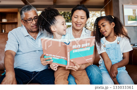 Children book, reading smile and grandparent helping kids with learning and story. House, living room and black family on a lounge couch with happiness and books together with love and support Children book, reading smile and grandparent helping kids with learning and story. House, living room and black family on a lounge couch with happiness and books together with love and support 133033361