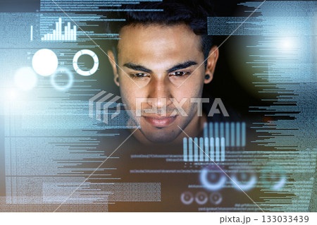 Data analytics, screen hologram and man in stock market research, graphs or charts analysis for night idea. Trading, digital statistics and software information technology of business person thinking 133033439