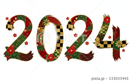 金と赤と緑の和柄で描かれた「2024」のおしゃれな年賀デザイン(お正月・新年) 金と赤と緑の和柄で描かれた「2024」のおしゃれな年賀デザイン(お正月・新年) 133033491