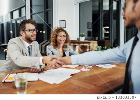 Professional, handshake and welcome an employee for discussion about collaboration at the office. Employer, interview and smile with businessman to shake hand for contract agreement during deal. Professional, handshake and welcome an employee for discussion about collaboration at the office. Employer, interview and smile with businessman to shake hand for contract agreement during deal. 133033507