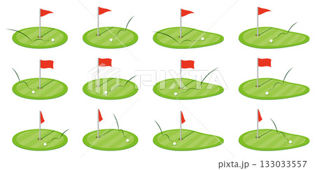 様々な形のゴルフグリーンと旗のアイコンのベクターイラストのセット 133033557