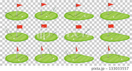 Set of vector illustrations of golf green and flag icons of various shapes 133033557