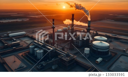 Industrial oil refinery silhouette at sunset with smoke against an orange sky. 133033591