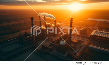 Industrial oil refinery silhouette at sunset with smoke against an orange sky. Industrial oil refinery silhouette at sunset with smoke against an orange sky. 133033592