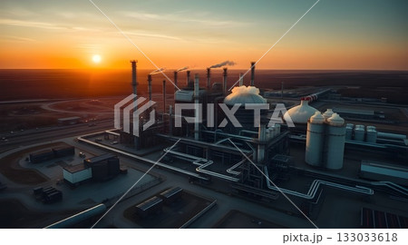 Industrial oil refinery silhouette at sunset with smoke against an orange sky. 133033618