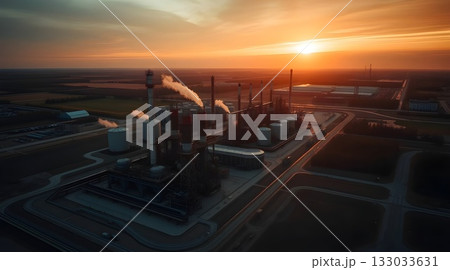 Industrial oil refinery silhouette at sunset with smoke against an orange sky. 133033631