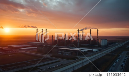 Industrial oil refinery silhouette at sunset with smoke against an orange sky. 133033642