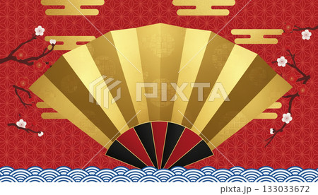 金の扇子と紅白の梅が描かれた華やかな赤背景(和柄・新年・お正月) 金の扇子と紅白の梅が描かれた華やかな赤背景(和柄・新年・お正月) 133033672