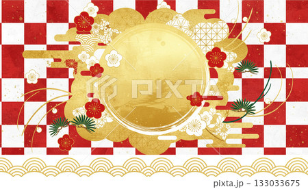 赤白市松模様に金色の円と梅の花をあしらった豪華な和風お正月背景 133033675