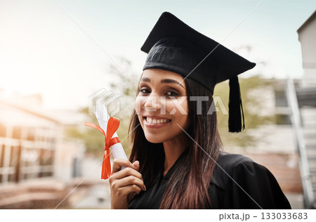Portrait, achievement and woman with diploma, graduation and scholarship with celebration, event and happiness. Face, female person or happy student with a degree, ceremony and success with education Portrait, achievement and woman with diploma, graduation and scholarship with celebration, event and happiness. Face, female person or happy student with a degree, ceremony and success with education 133033683